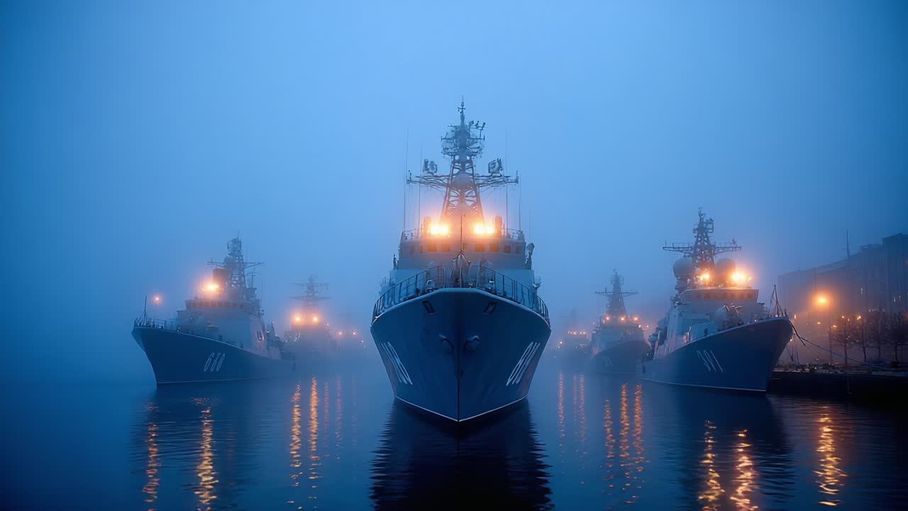 A Fleet of Naval Vessels Anchored in a Misty Harbor, Illuminated by Subtle Lights, Creating a Mystical Atmosphere at Dawn Amidst the Fog