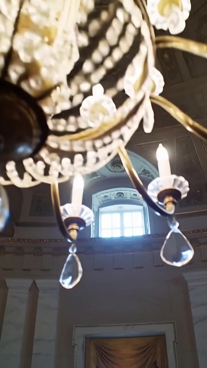 Video verticale: Telecamera che si inclina avvicinandosi a un lampadario di cristallo in una rotonda, rivelando la cupola.