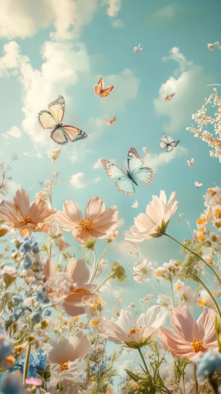 A dreamy, low-angle video scene of butterflies fluttering over a field of wildflowers under a bright