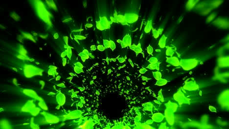 vortex from green leaves. spiral shiny particle of seasonal leaves. dancing leaf. colorful nature tunnel loop animation.