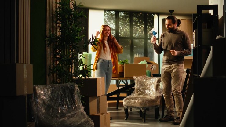 Happy Couple Dancing and Having Fun While Moving Into New Home