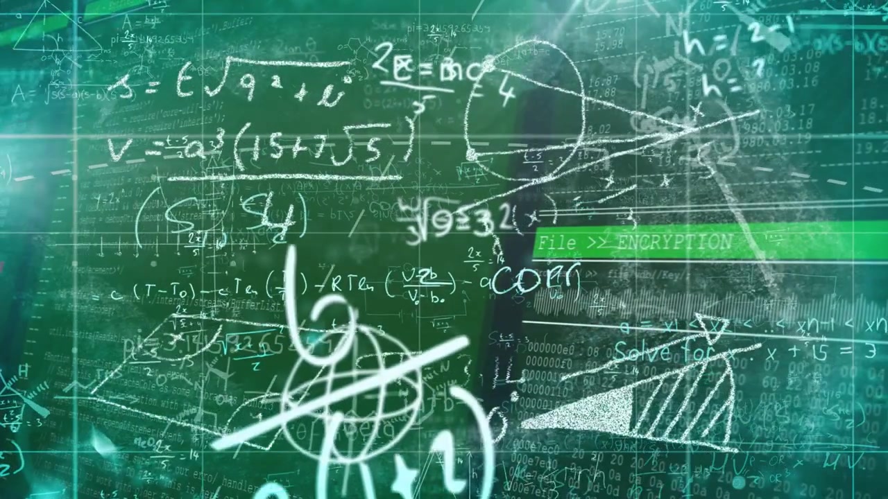File ENCRYPTION sliding in, chalk math and graphs emerging showing encryption for tech designers