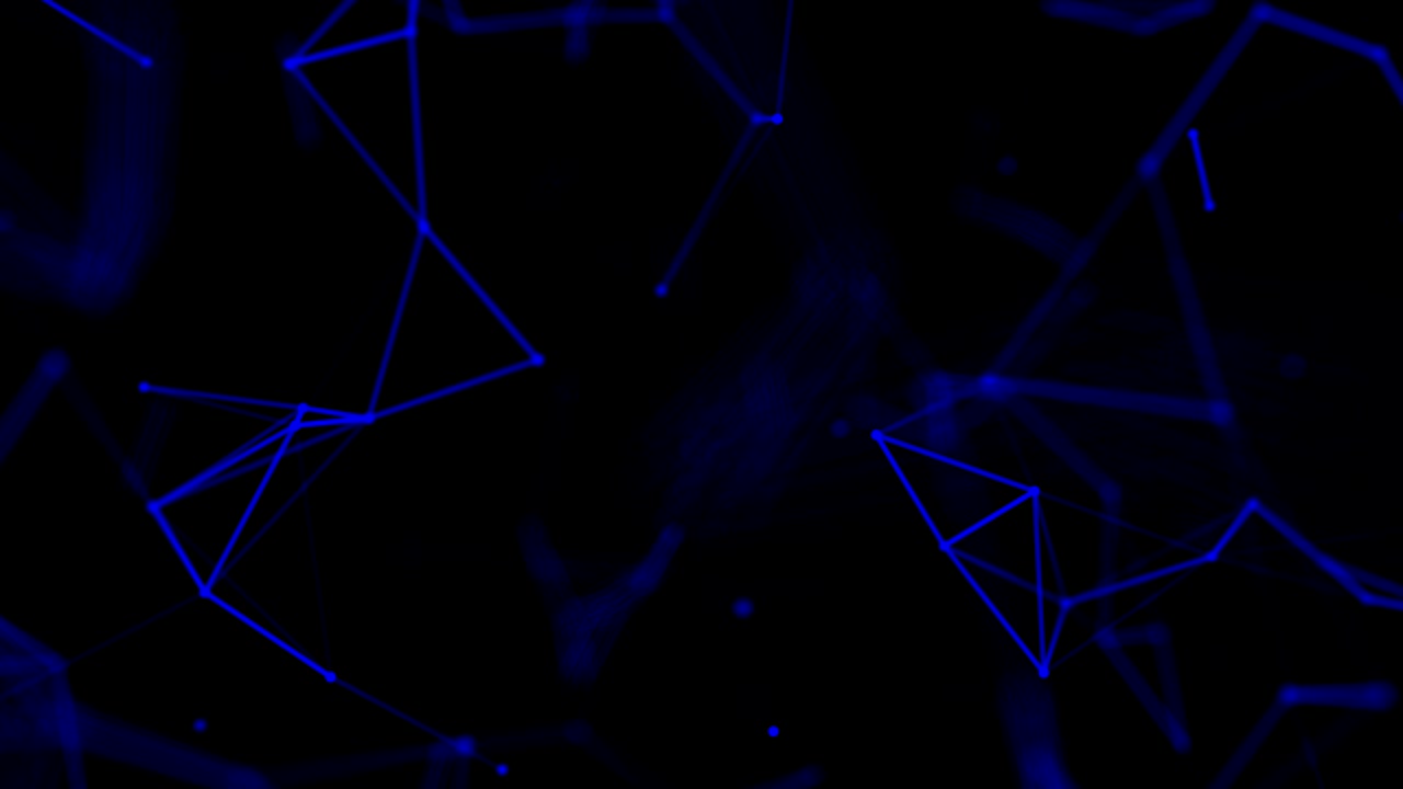 Plexus of abstract blue lines, triangles and dots on black background
