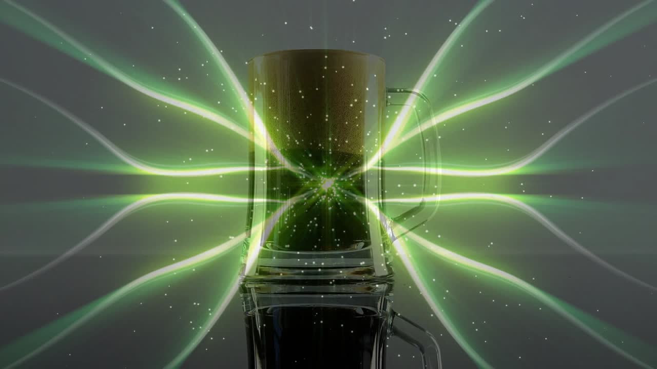 Glass mug channeling green ribbons on bright point appearing, sending sparkles and showcasing glow