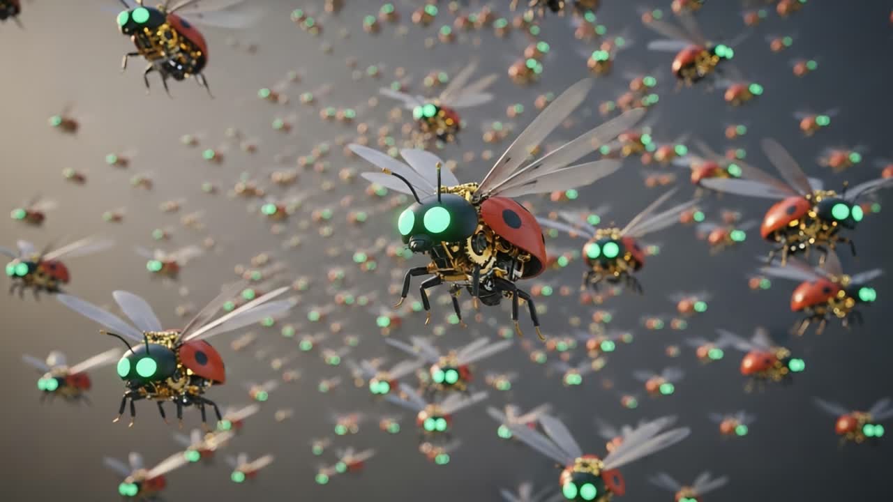 A mesmerizing swarm of robotic ladybugs take flight, showcasing their vibrant colors and glowing eyes in a spectacular display of technology and nature's inspiration.