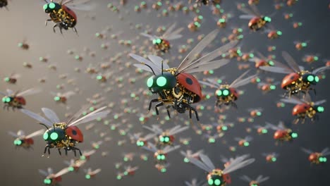 a mesmerizing swarm of robotic ladybugs take flight, showcasing their vibrant colors and glowing eyes in a spectacular display of technology and nature's inspiration.