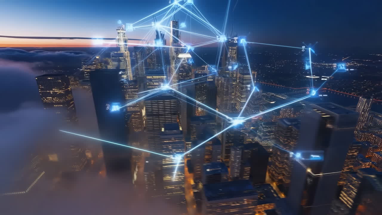 Skyline di città intelligente con sovrapposizione di rete digitale al crepuscolo.