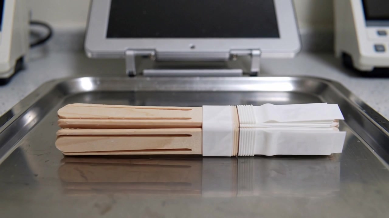 Shifting stick bundle with paper sleeve and rubber band moving on steel tray while camera adjusting