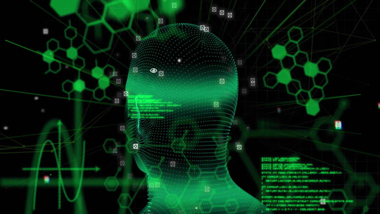 animación del procesamiento de datos científicos y cabeza humana