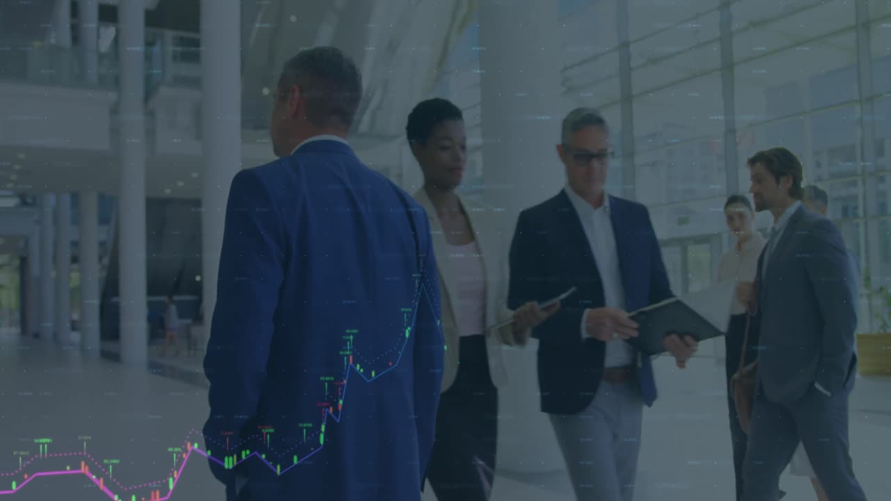 Animation of financial data over caucaian businessmen walking in office
