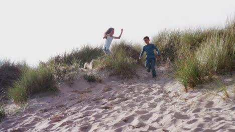 two children running and jumping in sand dunes on winter beach vacation