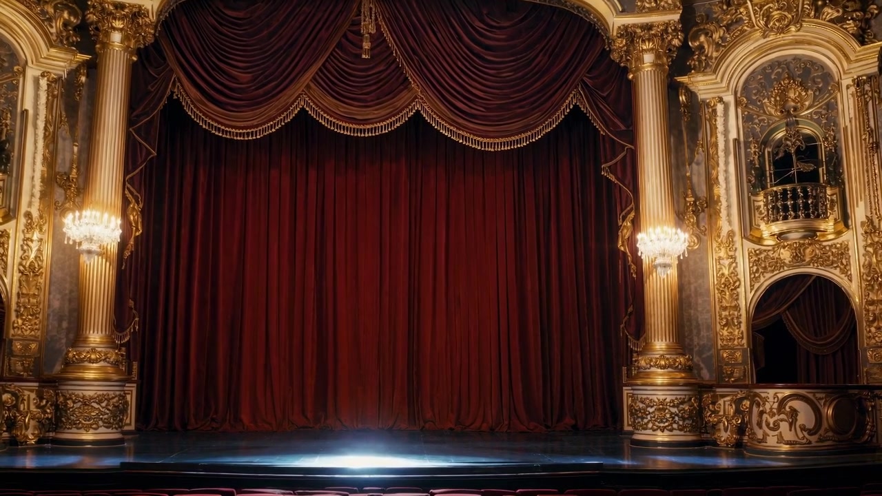 Palcoscenico teatrale vuoto e decorato con sipari in velluto rosso