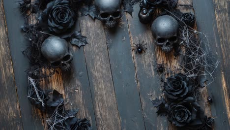 Dark-Halloween-Skulls-With-Black-Roses-And-Spider-Decorations