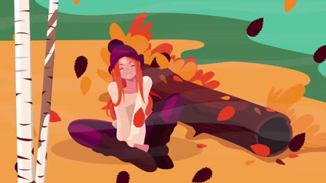 autumn girl relaxing by a log