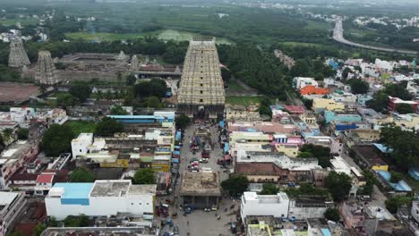 fly towards the majestic view of sri kanchi kamakshi amman temple in kanchipuram, tamil nadu