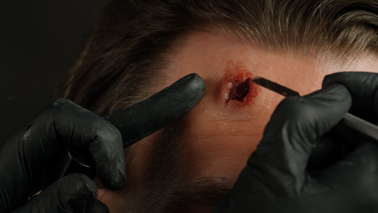 Make up artist making scars and bullet shot forehead headshot with fake blood man in theater with paint and glue, actors sfx cinema make up, close-up. Mens fashion, halloween style. making old guy.