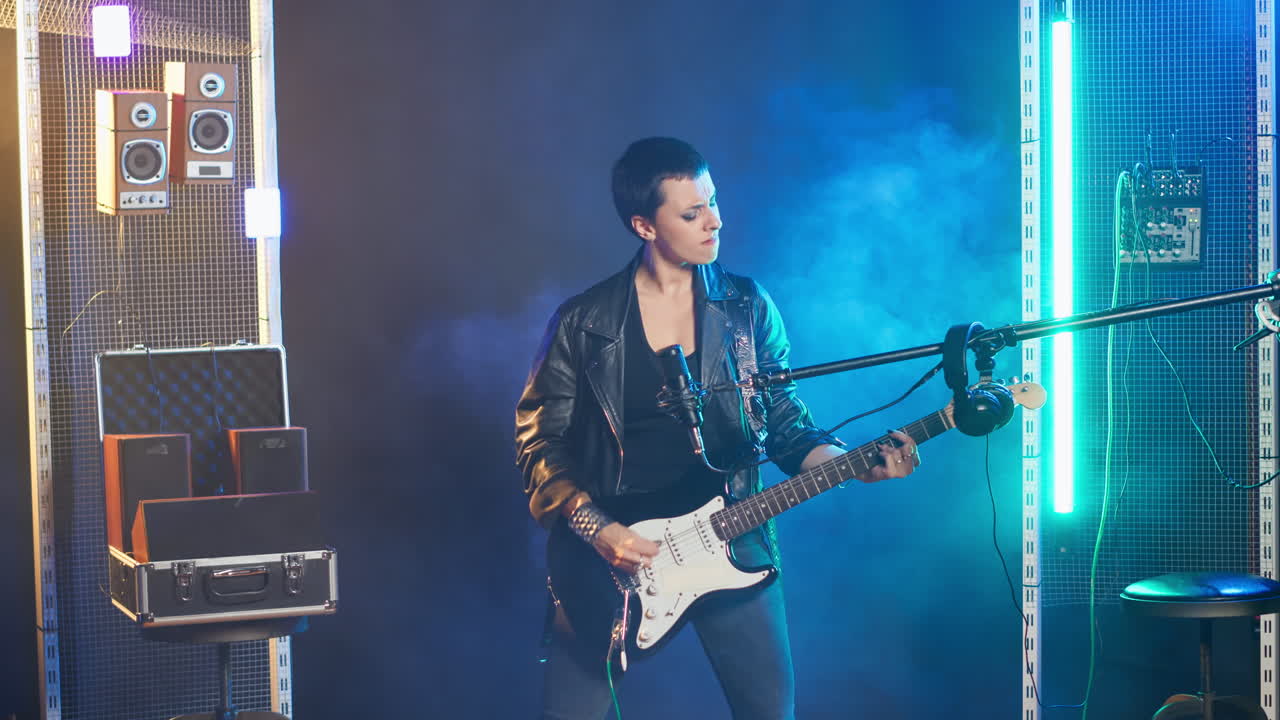 Woman Performing Music with Electric Guitar