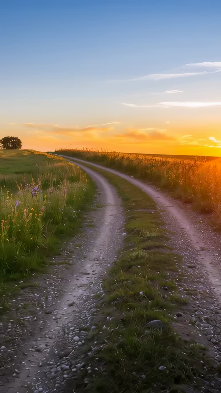 Verticale video: Draaiende camera langs dubbelsporig zandpad richting zonsondergang, waarbij een grasstrook wordt onthuld