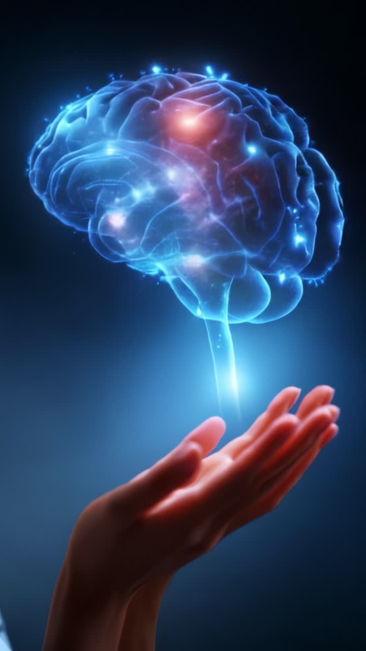 Un cervello incandescente emerge da una mano, a simboleggiare conoscenza, creatività e il potere del pensiero in un'illustrazione concettuale futuristica