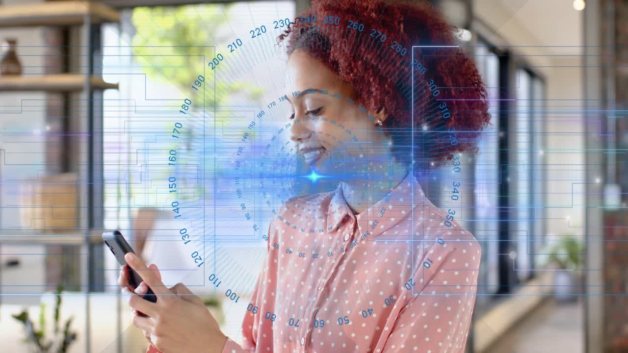 Businesswoman tapping phone for analytics, blue HUD responding to taps and displaying data lines