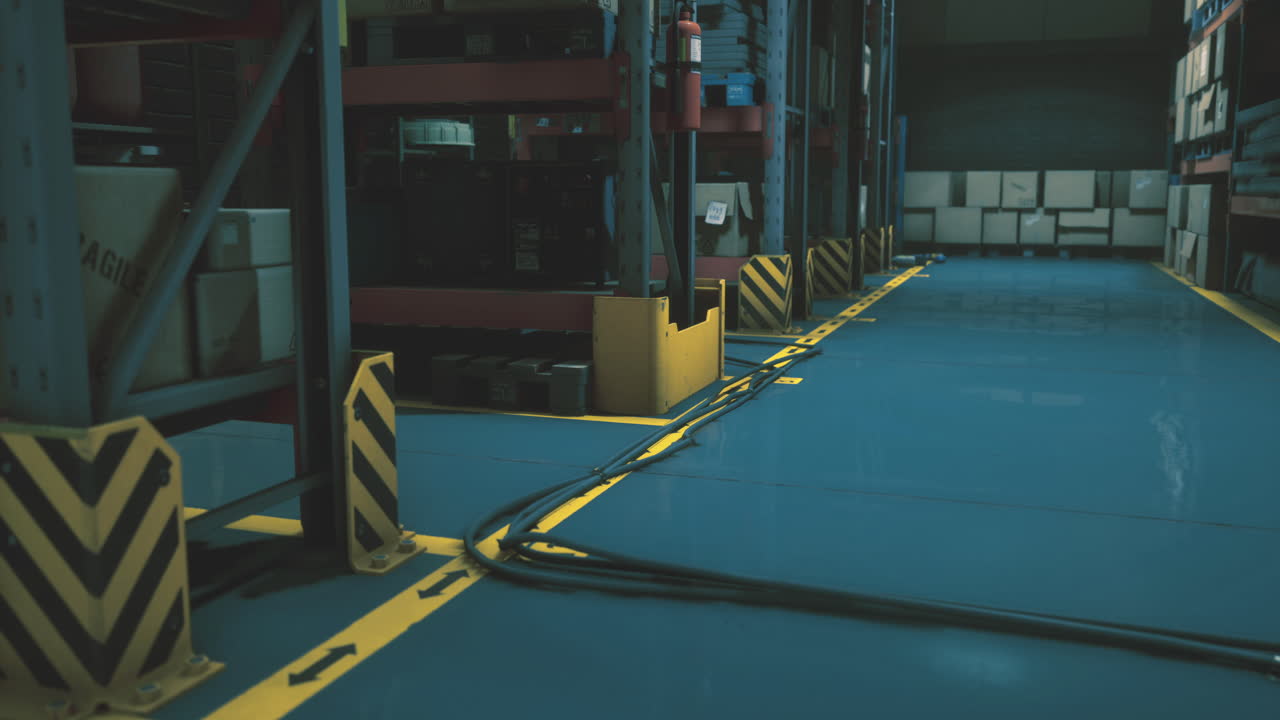 Exploring a dimly lit warehouse filled with shadows and stored supplies