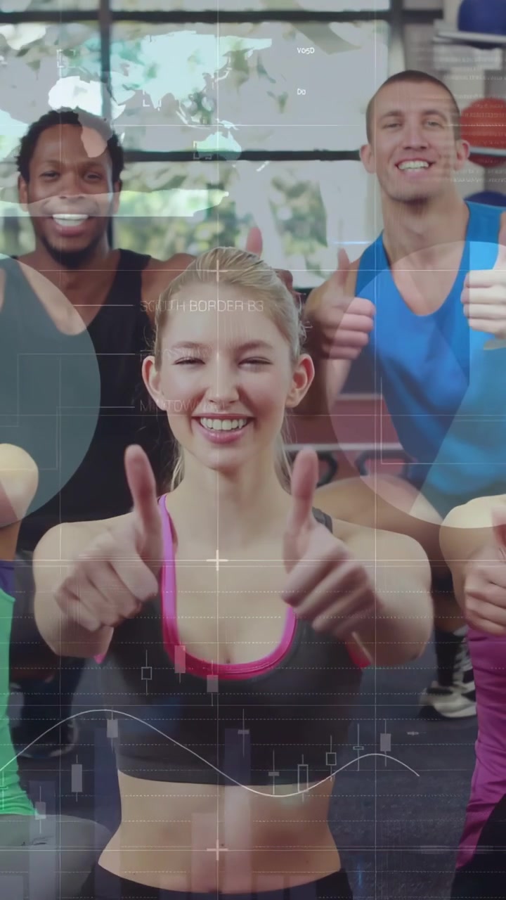 Vertical video: HUD appearing cueing front trio giving thumbs up, stats animating, showing progress