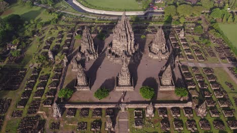 aerial view of unesco site prambanan hindu temple with stone towers, java