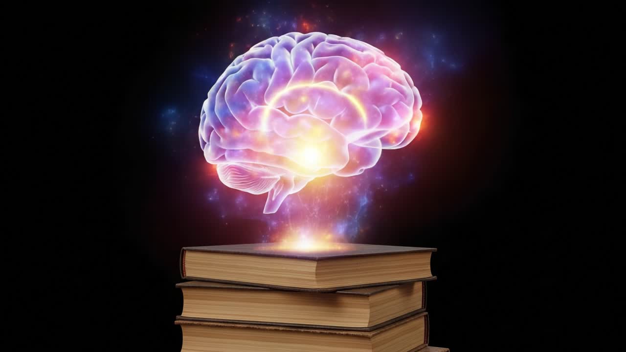A Stunning Visualization of Knowledge and Creativity: A Glowing Brain Above Stacked Books Representing the Power of Learning and Imagination in a Cosmic Background