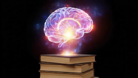a stunning visualization of knowledge and creativity: a glowing brain above stacked books representing the power of learning and imagination in a cosmic background