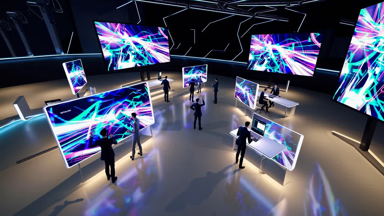 Futuristic digital workspace with large screens displaying vibrant graphics