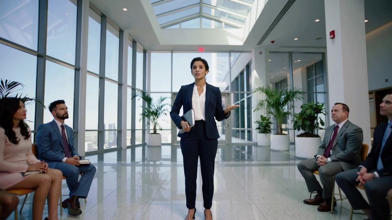 Walking woman in dark suit presenting to seated group in atrium, leading meeting with slim notebook