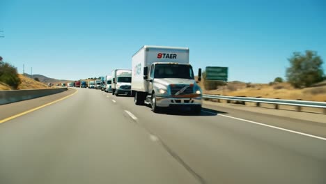 a stream of freight trucks journeying along a sunlit highway, showcasing transportation and commerce on the open road