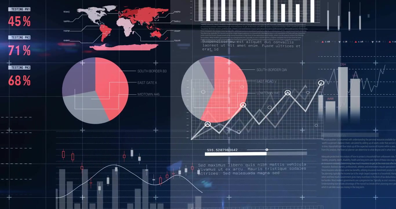 Panel slide, translucent dashboard panel shifting and updating charts to visualize analytics trends