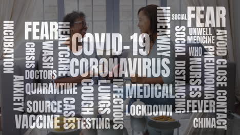 animation of coronavirus text over nurse with senior female patient having tea at home