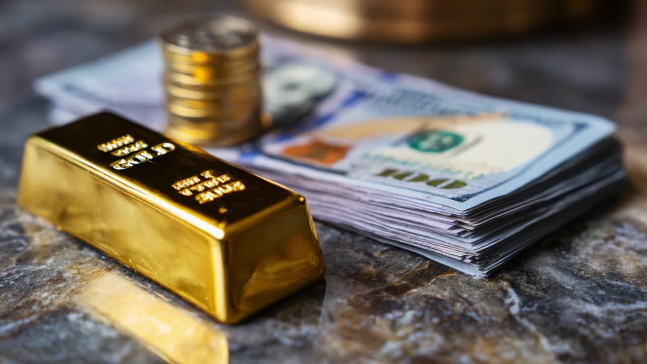 A Close-Up View of Precious Elements: A Golden Bar Alongside Stacked Coins and Currency Notes Displaying Wealth and Investment Opportunities in the Financial Sector