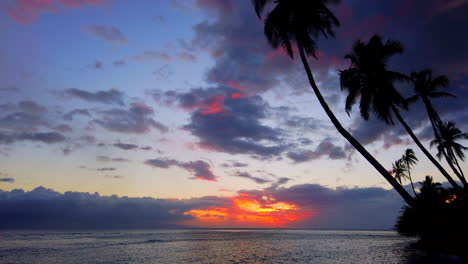 Espectacular-Puesta-De-Sol-Maui-Inclinada-Hacia-Abajo-Desde-Las-Palmeras-Hasta-El-Hermoso-Océano-Pacífico-Con-La-Isla-Lanai-En-El-Horizonte-En-Lahaina,-Hawaii-4k-Prorezhq