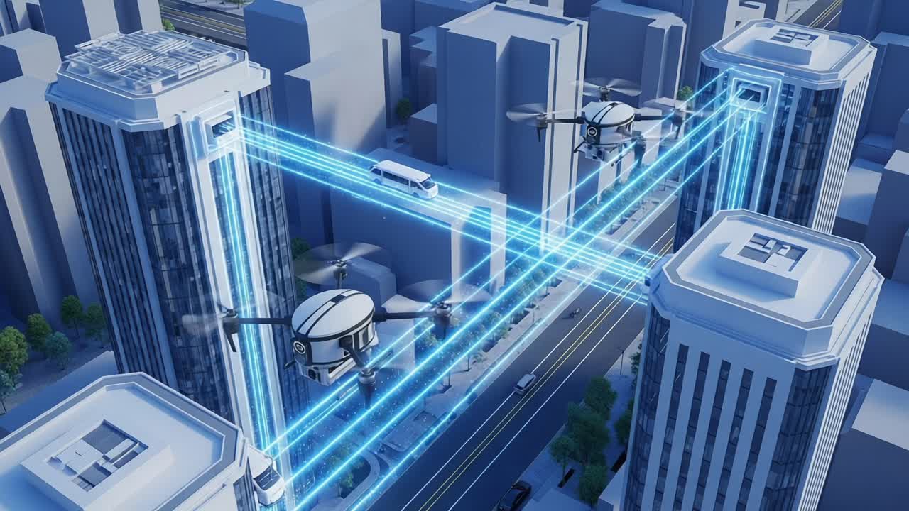 Aerial Drones Utilizing Laser Communication Technology to Connect Two Skyscrapers While Transporting Goods Through Urban Cityscape