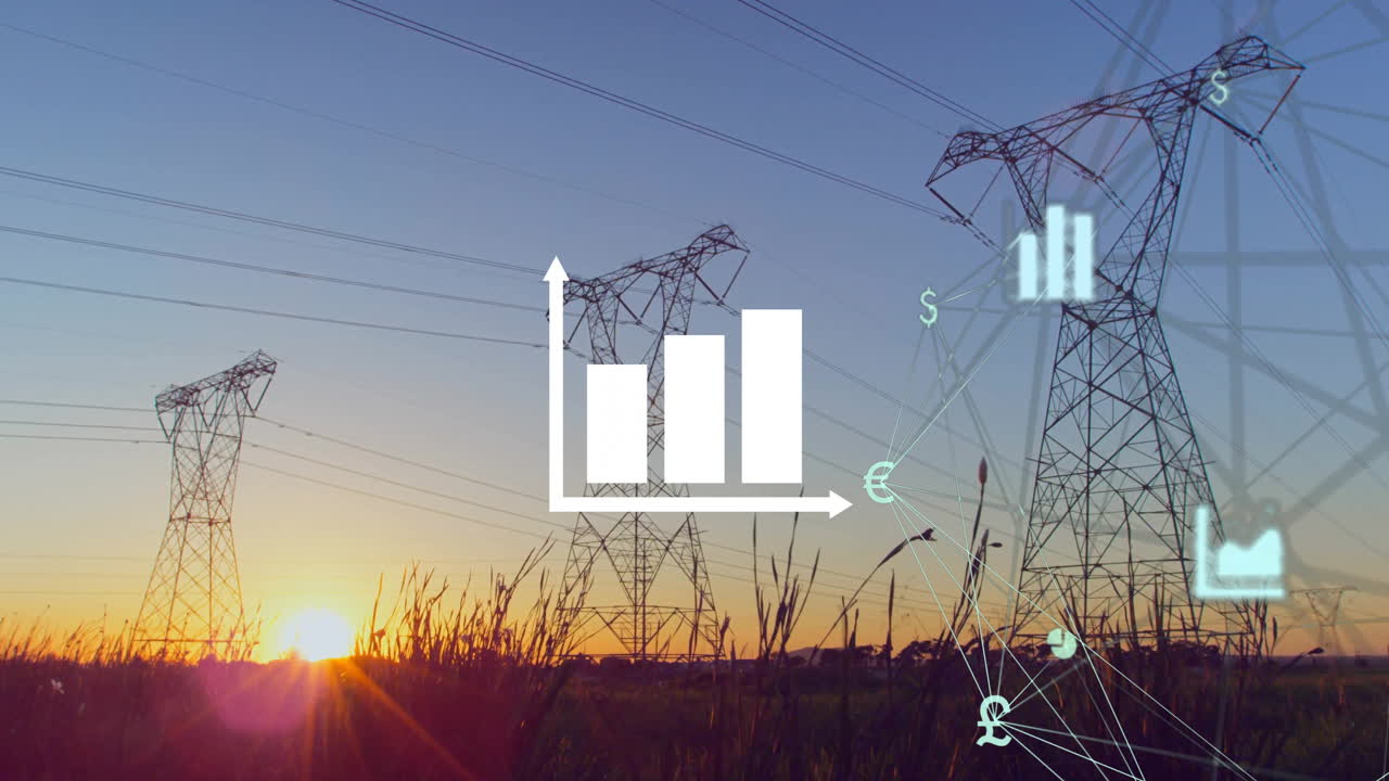다이어그램과 기둥 위에 통화 아이콘과 연결 네트워크의 애니메이션