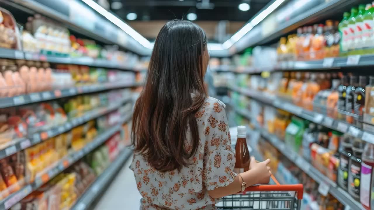 A video still of a woman shopping in a grocery store, captured from a rear angle