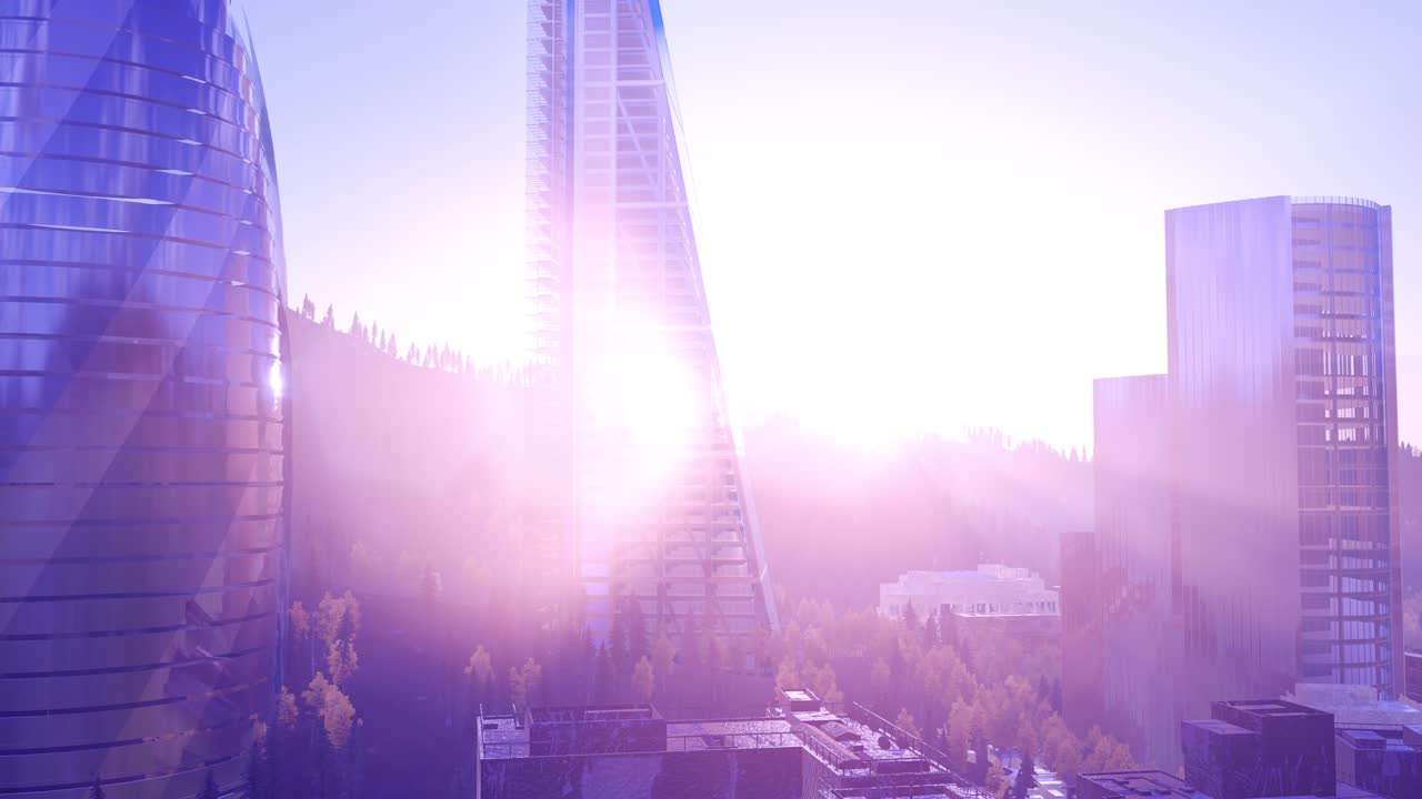 rascacielos de la ciudad con destellos de lentes al atardecer