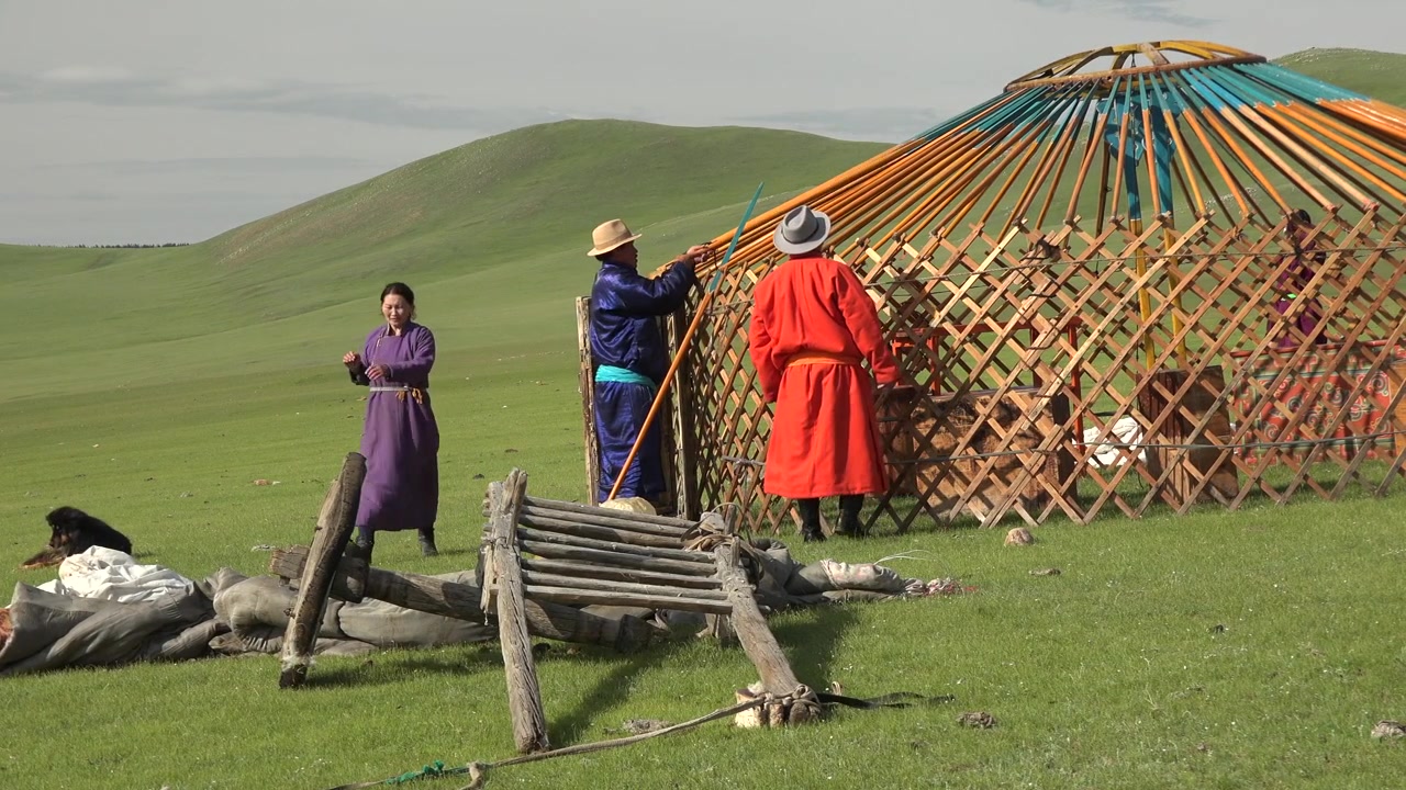 Mongolsk familie opstiller traditionel jurte på steppen.