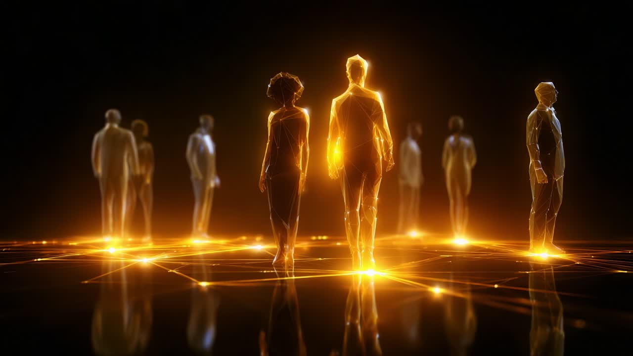 A luminous assembly of ethereal figures emanating golden light in a futuristic setting, representing the intersection of human connection and technology in a vibrant, digital landscape