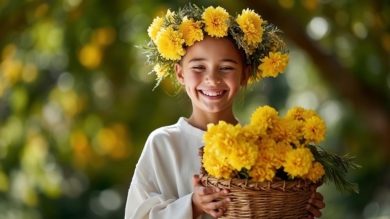Giovane ragazza sorridente che indossa una corona di fiori gialli e tiene in mano un cesto di fiori.