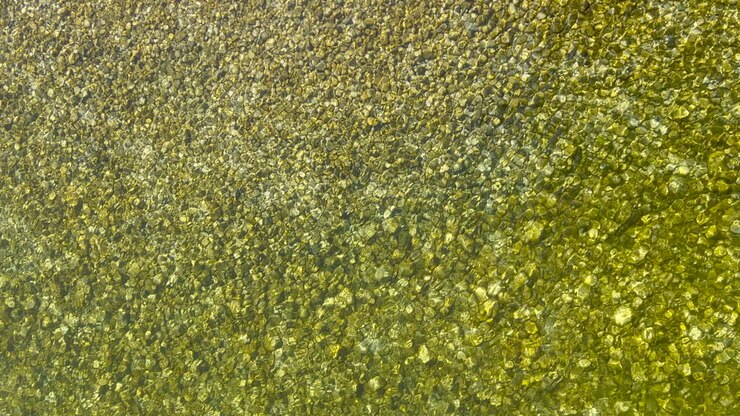 Top view of mountain river stream with pebbles on the bottom
