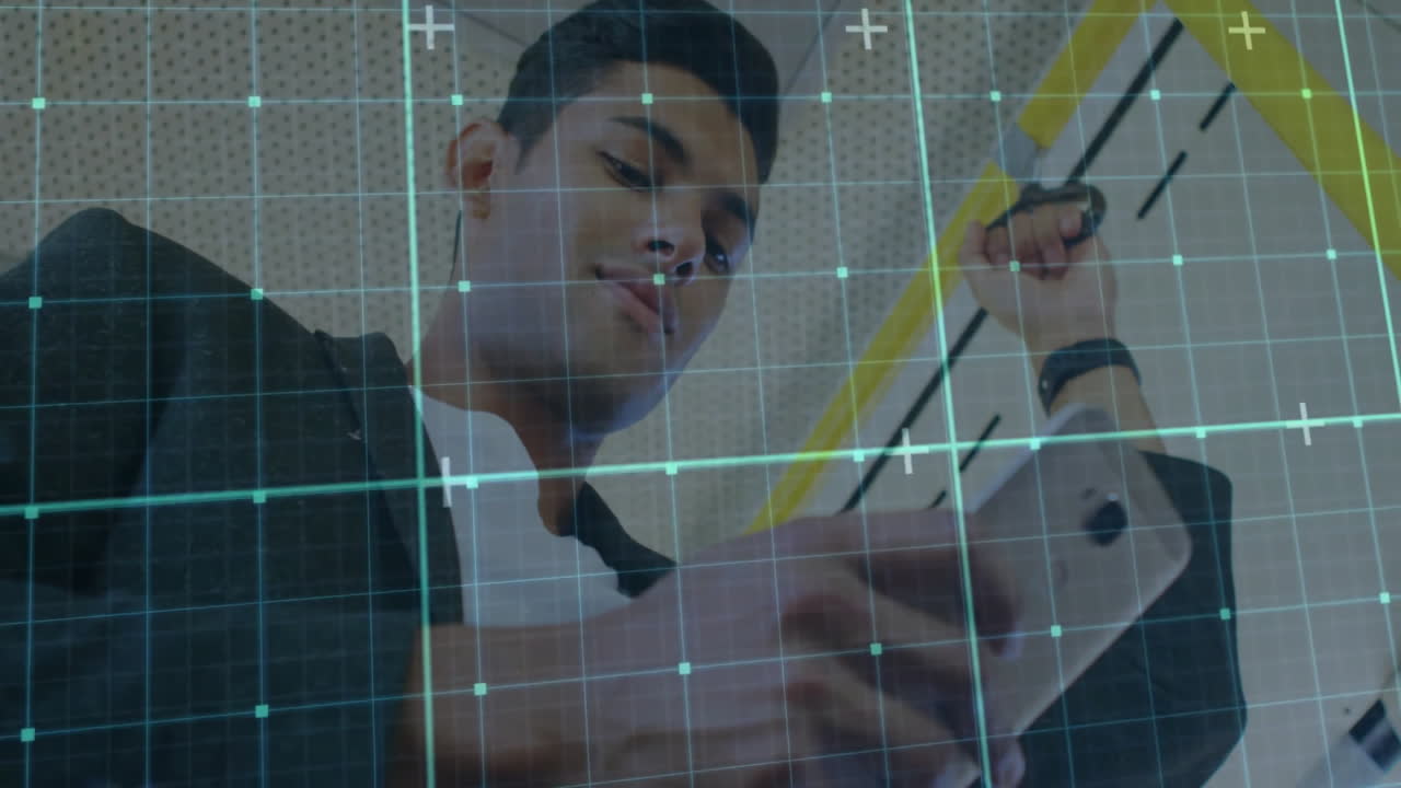 버스 들레인을 붙잡고 있는 남자 위의 그리드 및 데이터 포인트 애니메이션