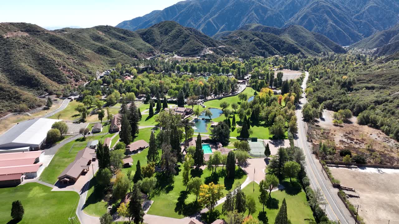Mountain Lakes Resort In Lytle Creek, San Bernardino, California. 4K Aerial Flight Over The Massive Property With An Endless Option Of Outdoor Activities.