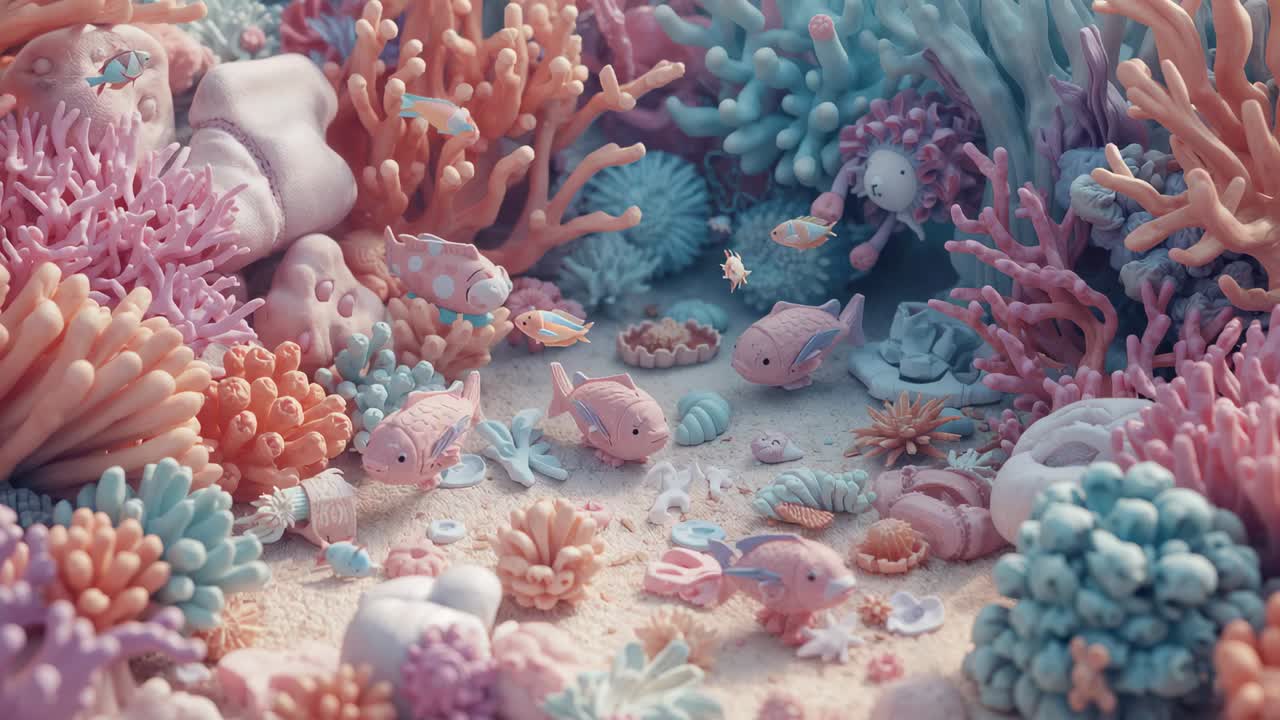 Pesci che reagiscono alla leggera corrente che li sposta, un grande pesce maculato che attraversa il bacino vicino a un anemone corallino