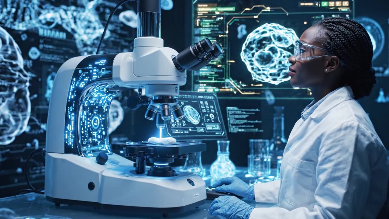 Exploring the Microscopic World: A Scientist Engages with Advanced Technology and Digital Data in a Laboratory Setting Focused on Biological Research