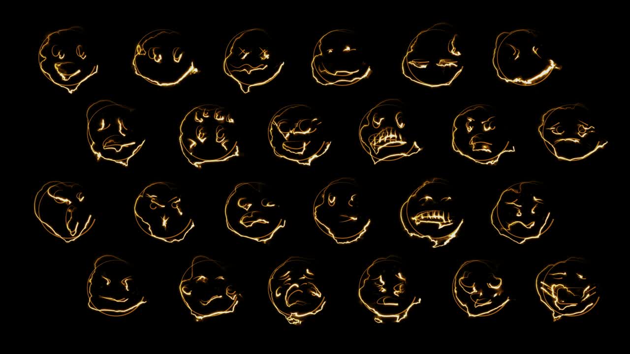 24개의 이모티콘 얼굴의 동적 반임 효과 세트, 네온 감정 표시, 루프
