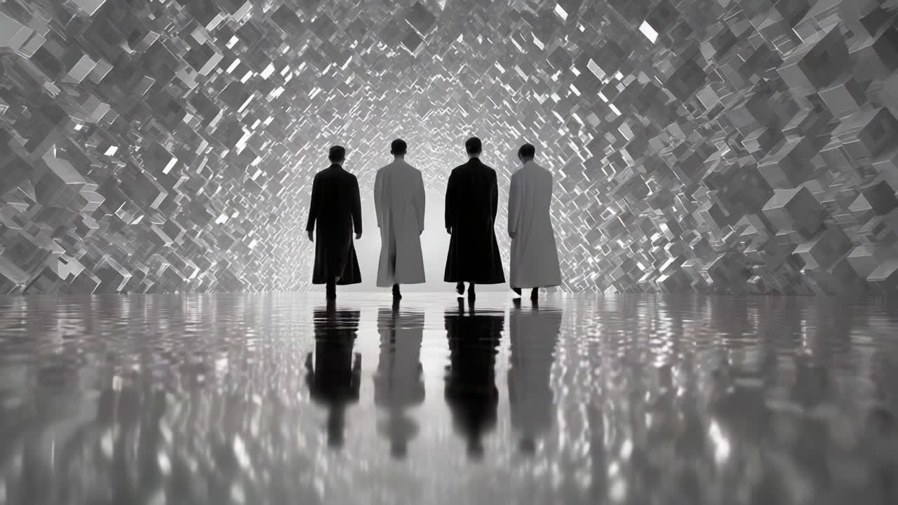 Mysterious Figures in Monochrome: A Captivating Visual of Four Silhouettes Walk Through a Shimmering Abstract Environment, Highlighting Themes of Exploration and Identity in a Surreal Landscape